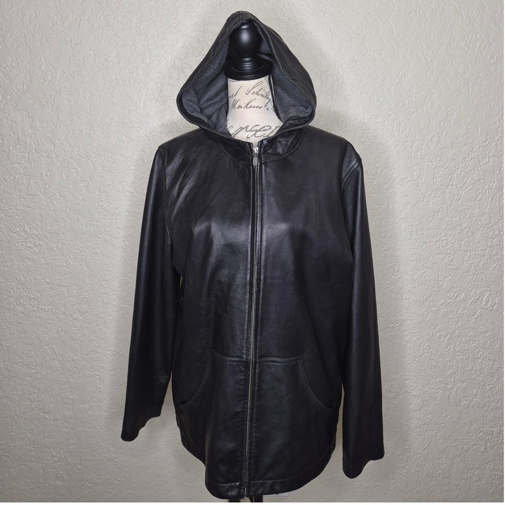 Lands End Black Lambskin Leather Hooded Jacket Full Zip L 14-16 Cotton Lined